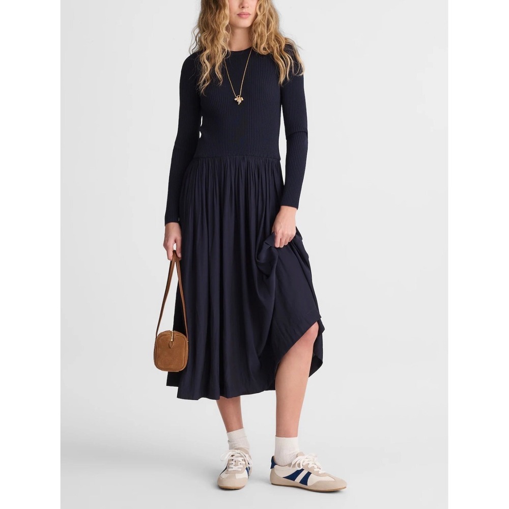 Madewell Womens Classic Navy Ribbed Mixed Media Long Sleeve Midi Dress XS New